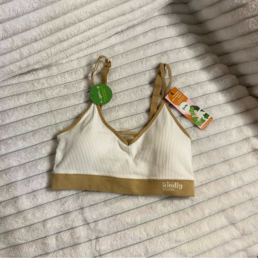 Kindly Yours White and Tan Ribbed Comfort Bralette